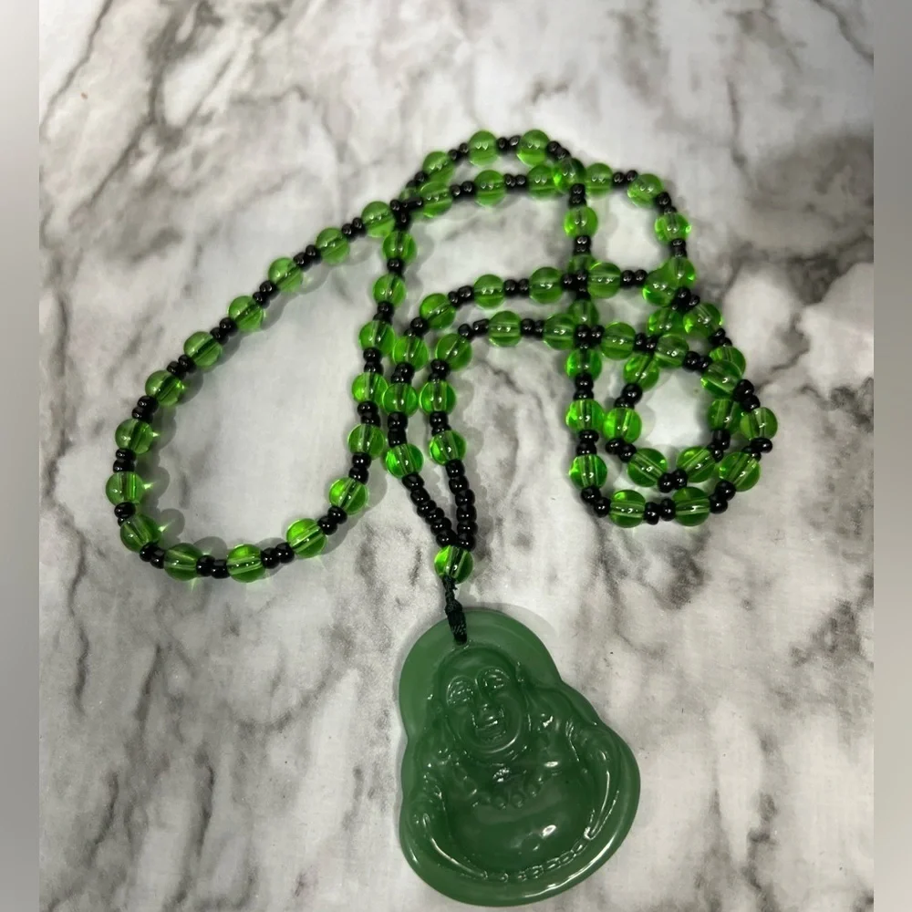 JADE Green Hand Carved Maitreya Buddah Pendant Necklace